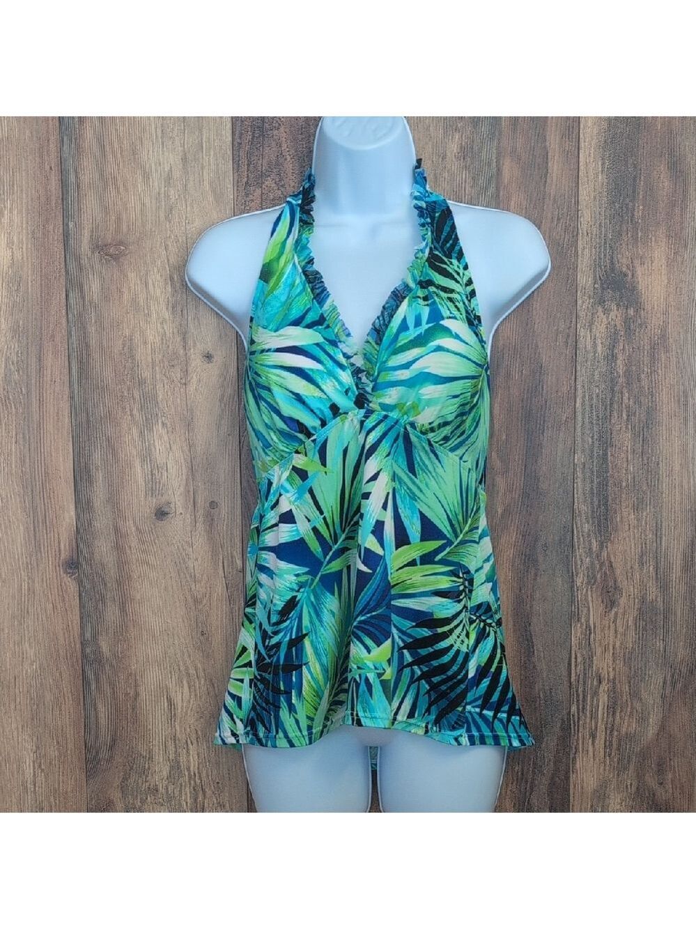 Caribbean Joe Blue and Green Leaf Print Tankini Swim Top 14      -628E